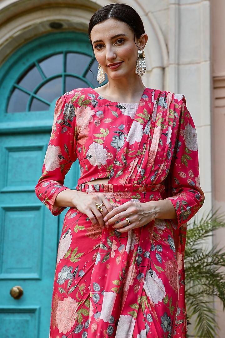 Pink Muslin Pre-Draped Festive Saree Set by Karaj Jaipur at Pernia's Pop Up Shop