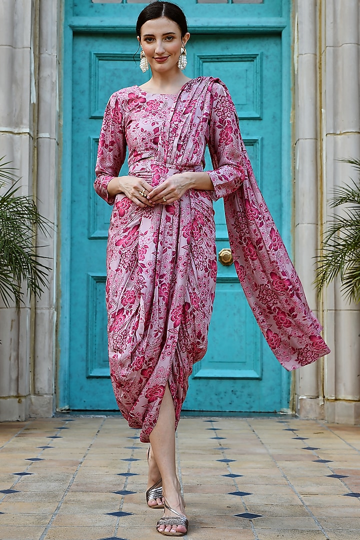 Rouge Pink Muslin Pre-Draped Saree Set by Karaj Jaipur
