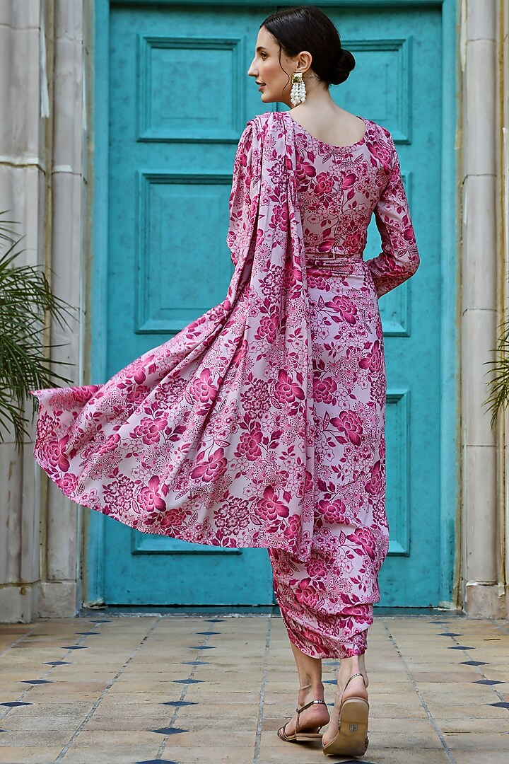 Rouge Pink Muslin Pre-Draped Festive Saree Set by Karaj Jaipur at Pernia's Pop Up Shop