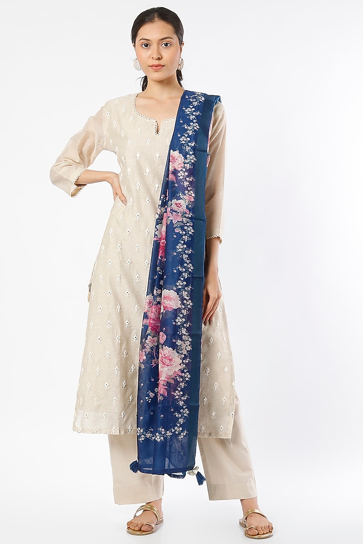 Beige Embroidered Kurta Set by Karaj Jaipur