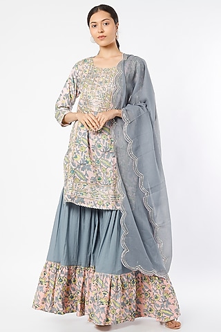Grey Cotton Sharara Set by Karaj Jaipur