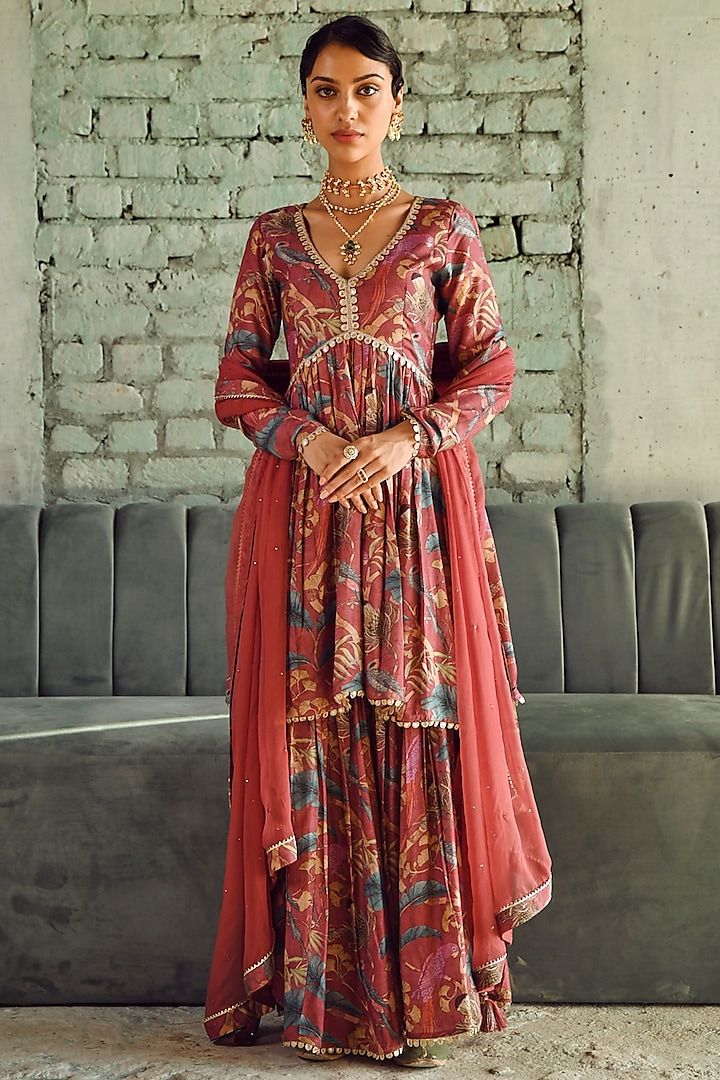 Maroon Muslin Printed Sharara Set by Karaj Jaipur at Pernia's Pop Up Shop