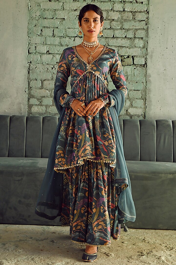 Grey Muslin Printed Sharara Set by Karaj Jaipur