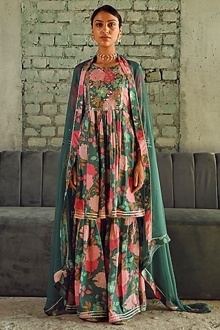 Teal Green Muslin Printed Sharara Set by Karaj Jaipur