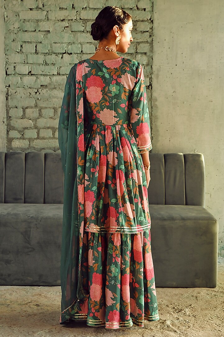 Teal Green Muslin Printed Sharara Set by Karaj Jaipur at Pernia's Pop Up Shop