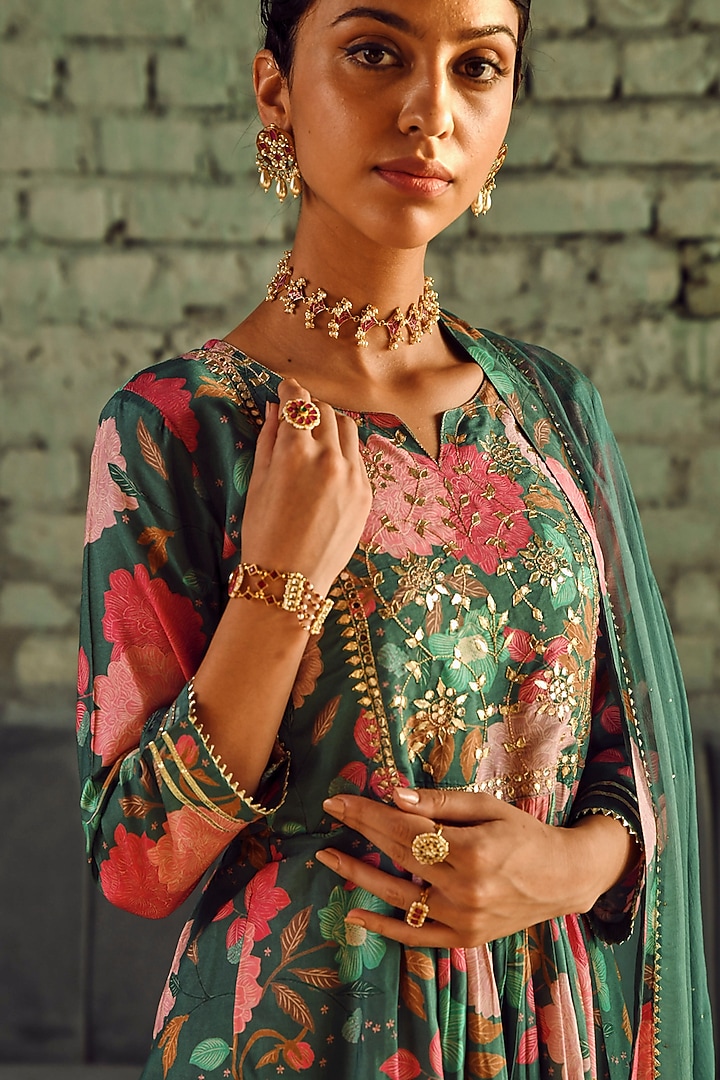 Teal Green Muslin Printed Sharara Set by Karaj Jaipur at Pernia's Pop Up Shop