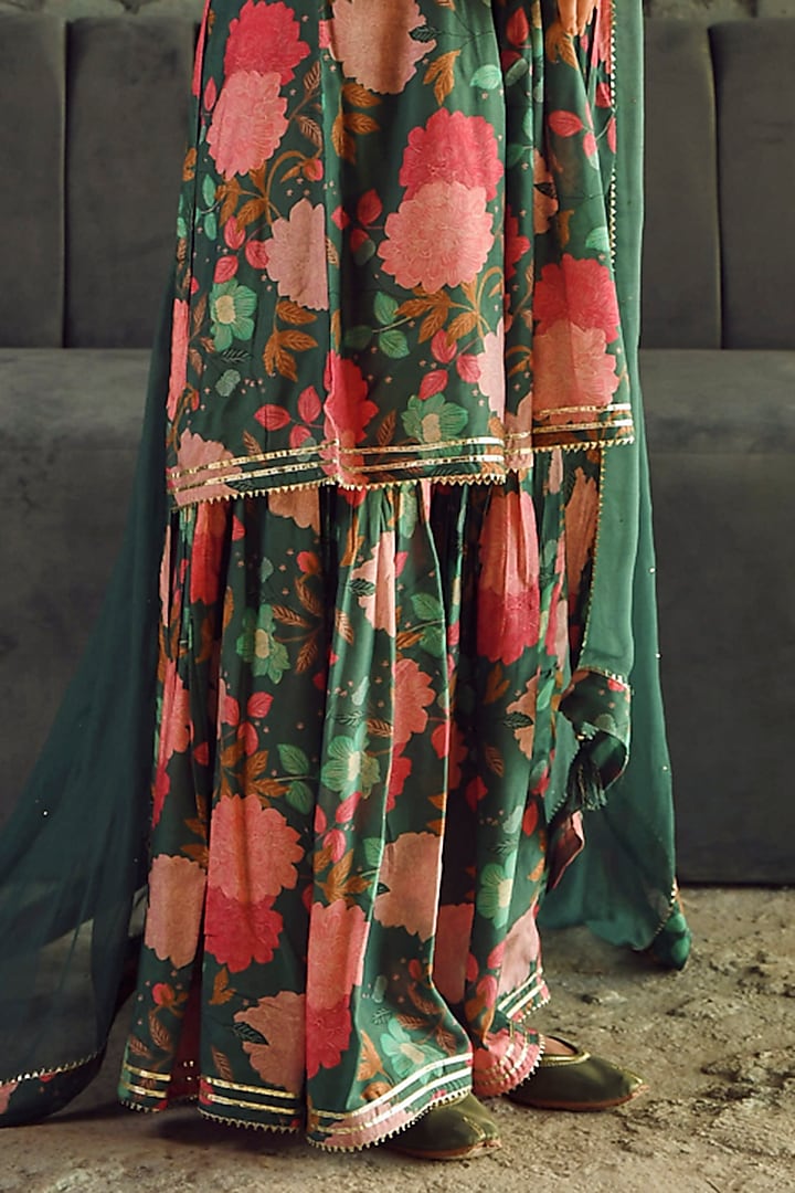 Teal Green Muslin Printed Sharara Set by Karaj Jaipur at Pernia's Pop Up Shop