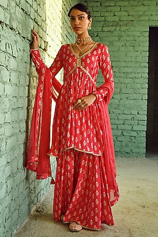 Pink Muslin Printed Sharara Set by Karaj Jaipur