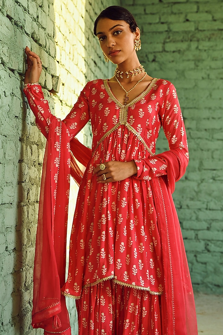 Pink Muslin Printed Sharara Set by Karaj Jaipur at Pernia's Pop Up Shop
