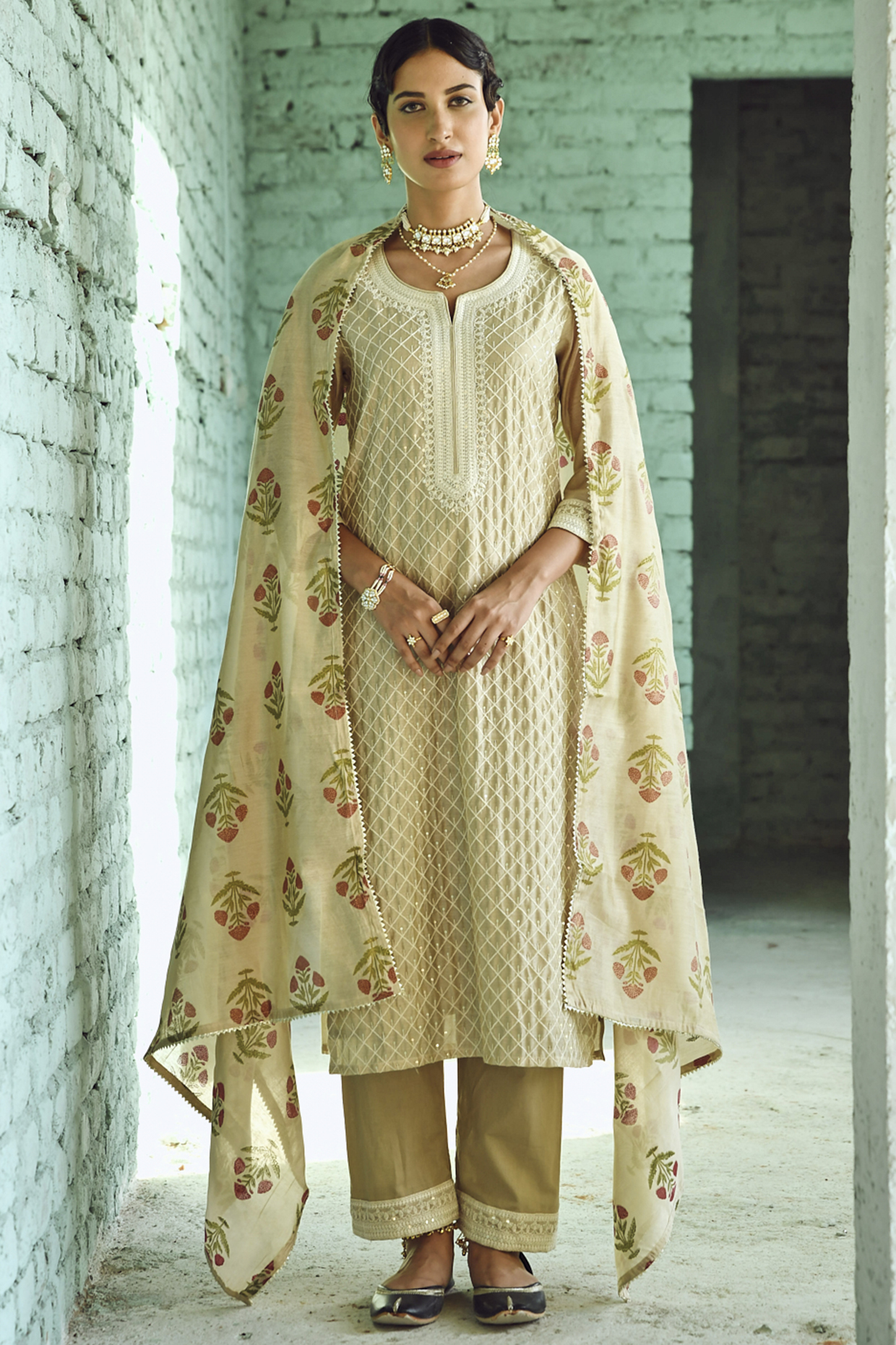 Beige Chanderi Embroidered Kurta Set by Karaj Jaipur