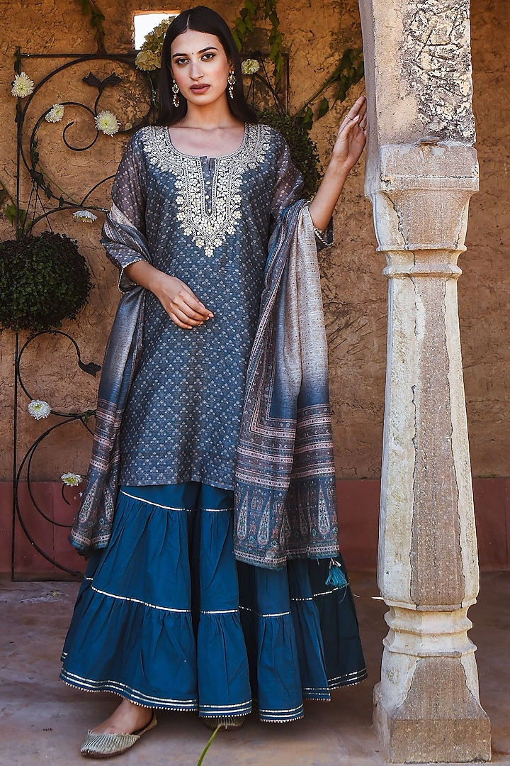 Turquoise Blue Cotton Tiered Sharara Set by Karaj Jaipur