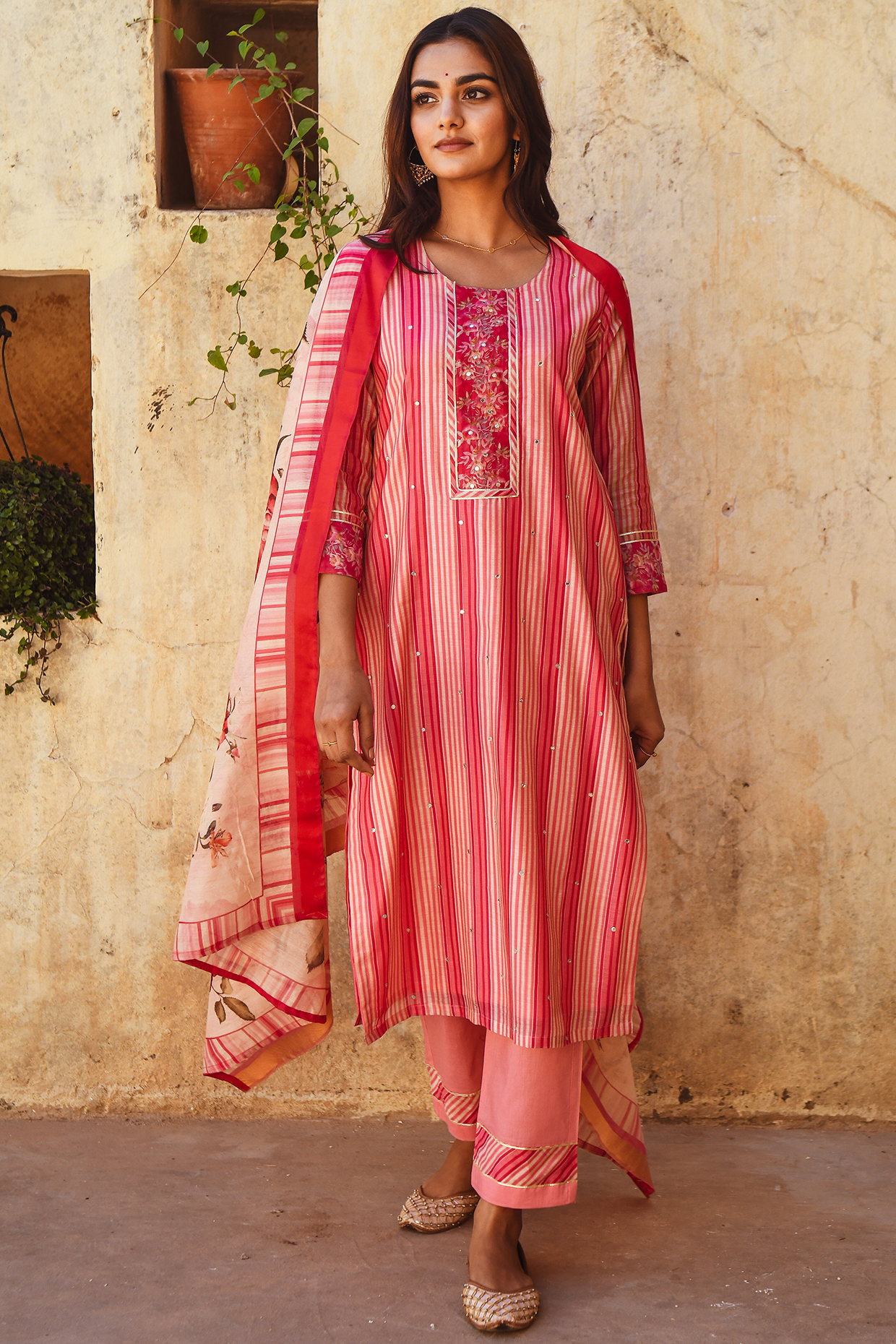 Pink Embroidered & Printed Kurta Set by Karaj Jaipur at Pernia's Pop Up Shop