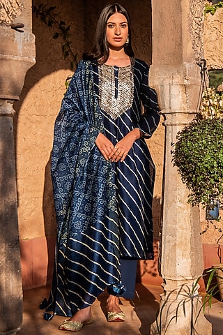 Navy Blue Embroidered & Printed Kurta Set by Karaj Jaipur