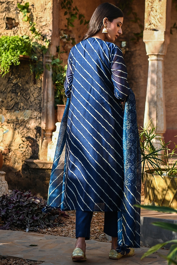 Navy Blue Embroidered & Printed Kurta Set by Karaj Jaipur at Pernia's Pop Up Shop