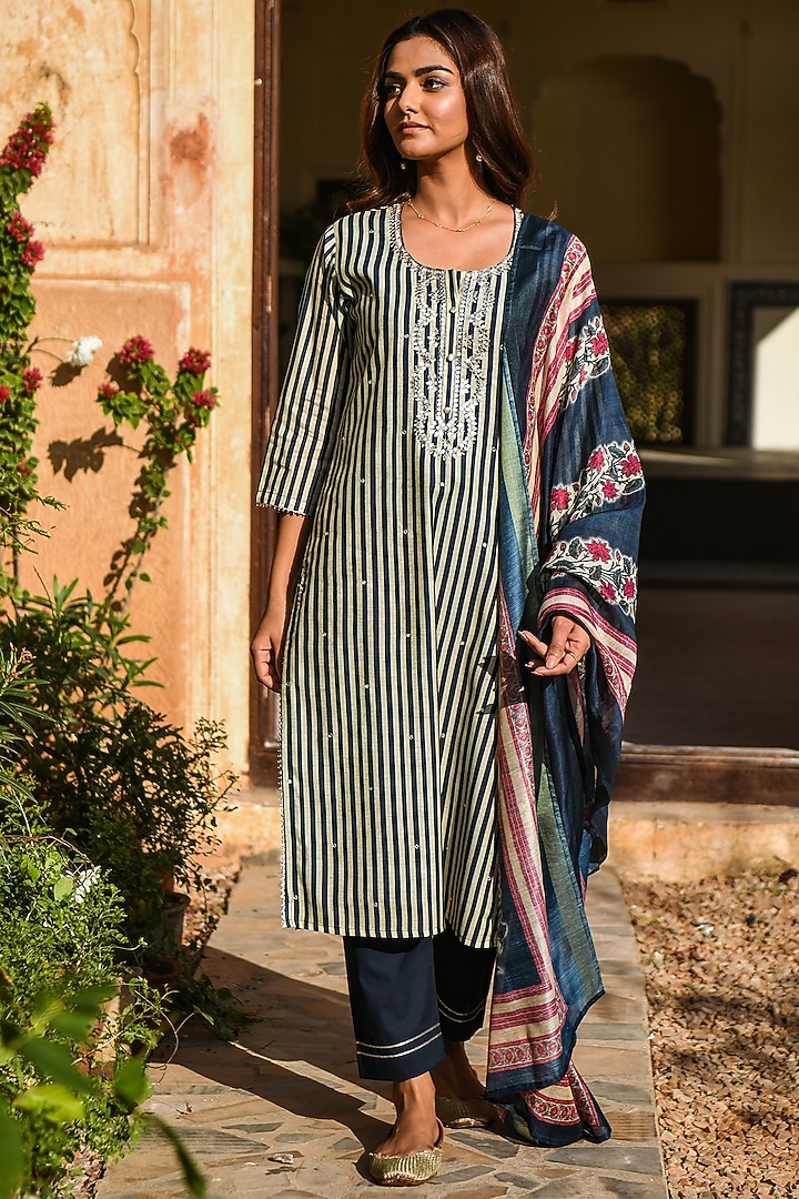 Blue Embroidered & Digital Printed Kurta Set by Karaj Jaipur at Pernia's Pop Up Shop