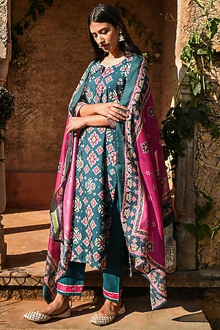Teal Green Digital Printed Kurta Set by Karaj Jaipur