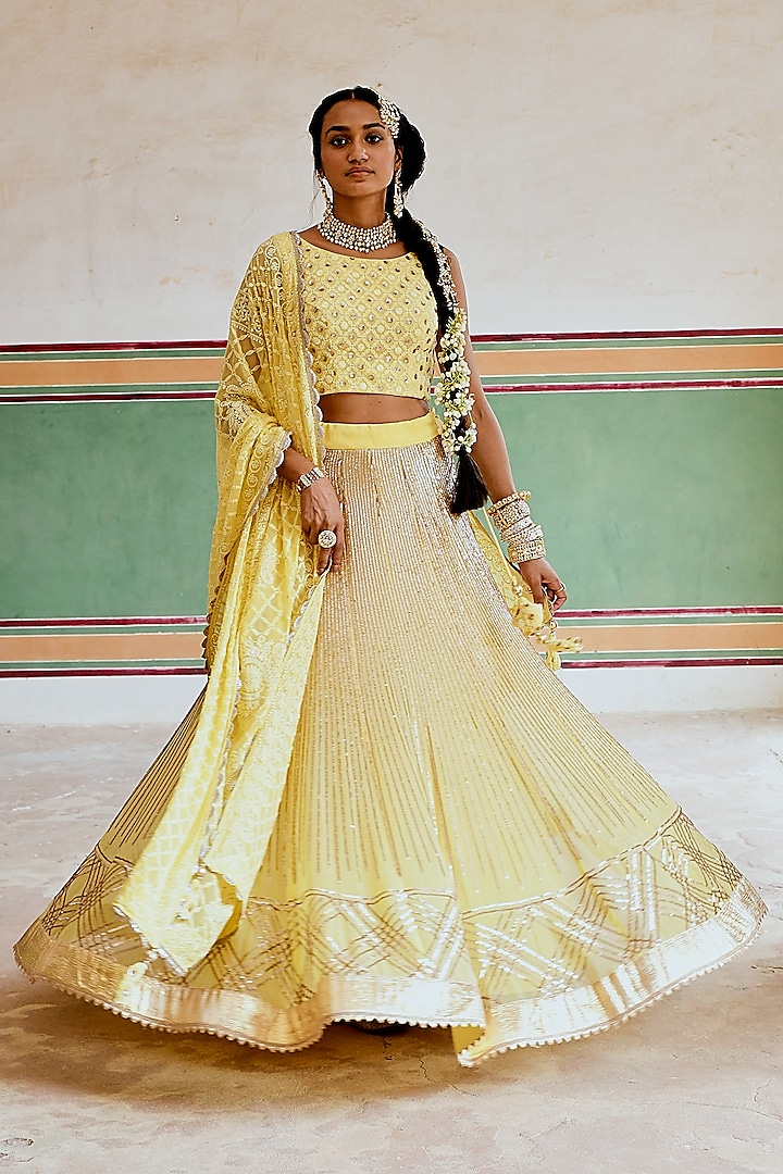 Yellow Georgette Embroidered Lehenga Set by Karaj Jaipur