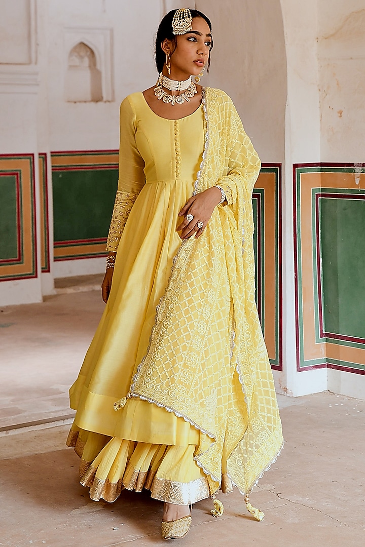 Yellow Chanderi Embroidered Anarkali Set by Karaj Jaipur