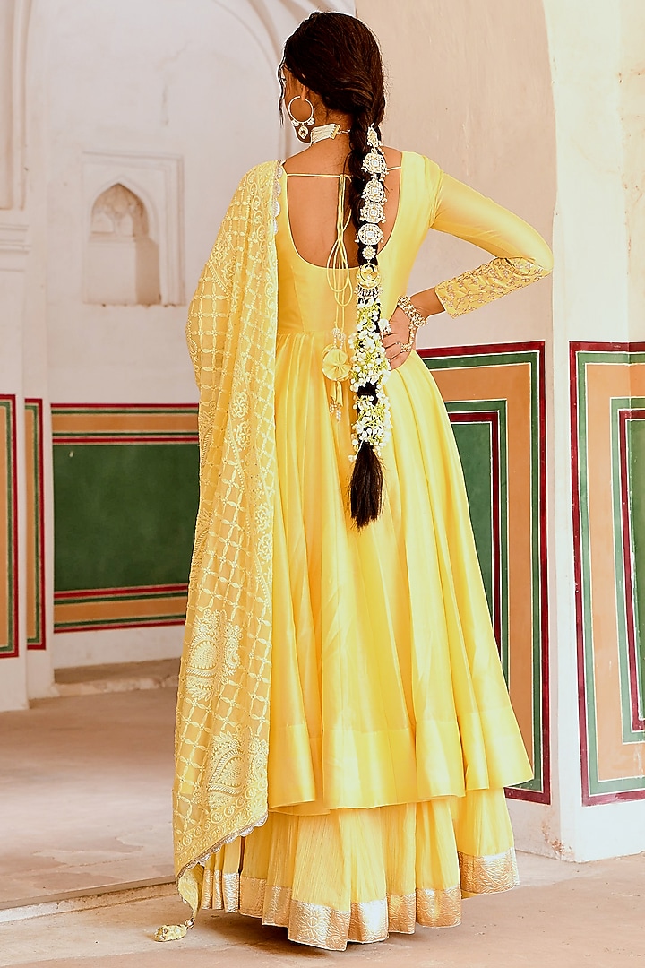 Yellow Chanderi Embroidered Party Wear Anarkali Set by Karaj Jaipur at Pernia's Pop Up Shop