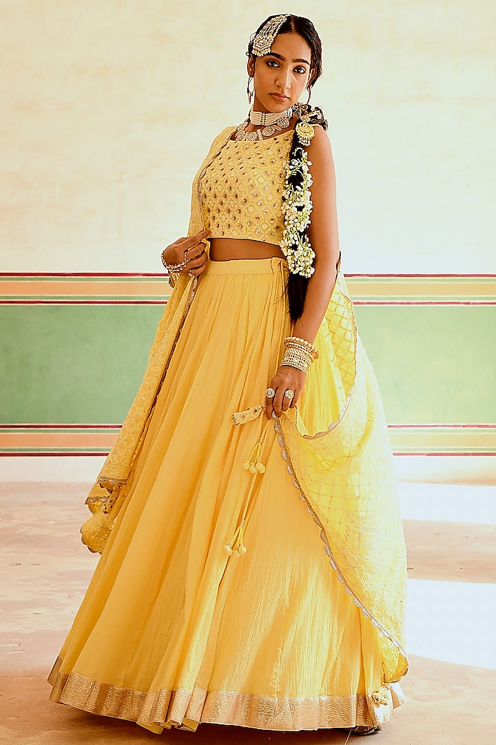 Yellow Cotton Crepe Skirt Set by Karaj Jaipur