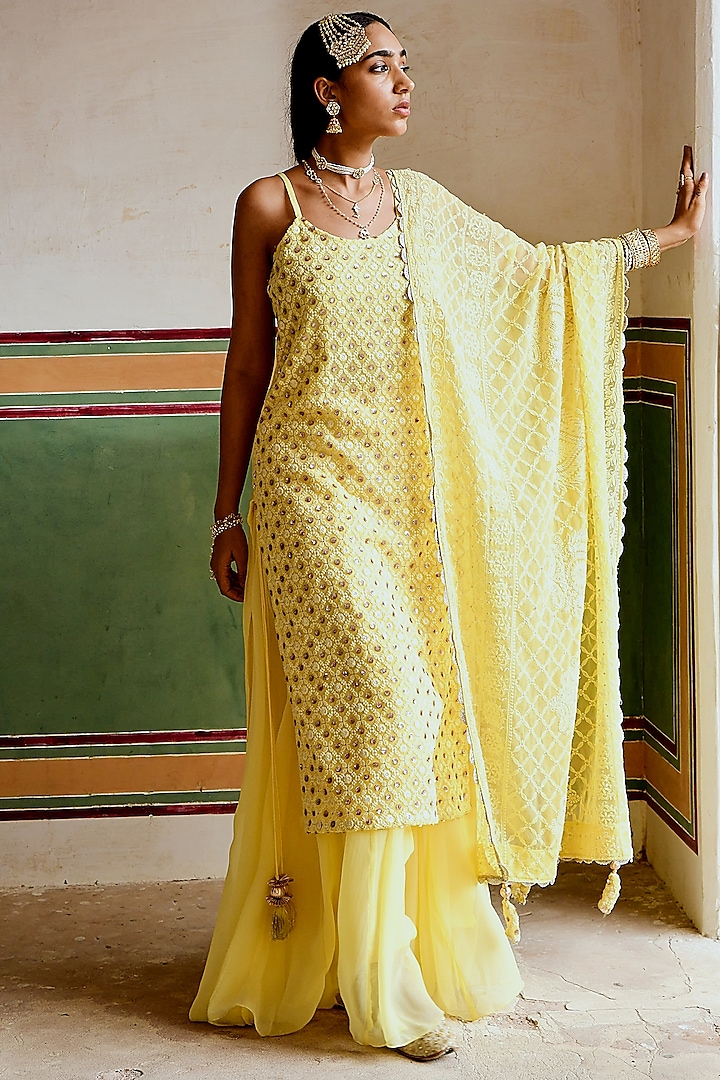 Yellow Georgette Gharara Set by Karaj Jaipur