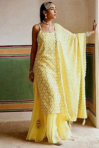 Yellow Georgette Gharara Set by Karaj Jaipur