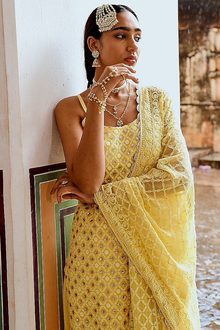 Yellow Georgette Gharara Set by Karaj Jaipur at Pernia's Pop Up Shop
