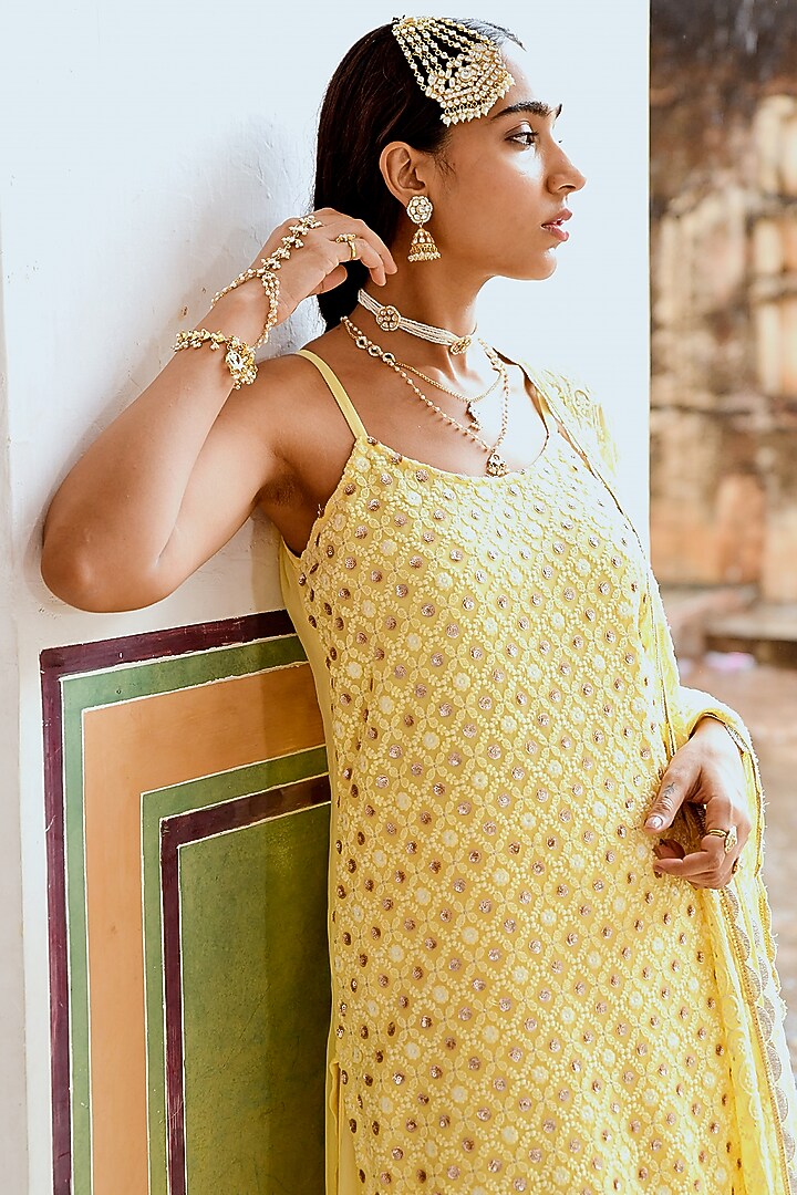 Yellow Georgette Gharara Set by Karaj Jaipur at Pernia's Pop Up Shop