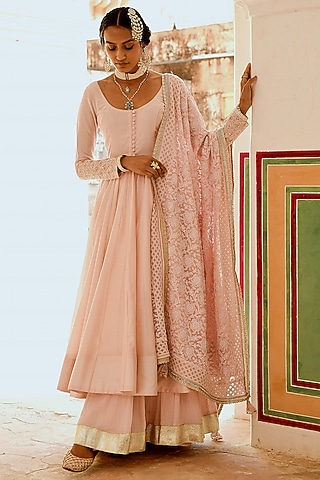 Pink Chanderi Embroidered Anarkali Set by Karaj Jaipur