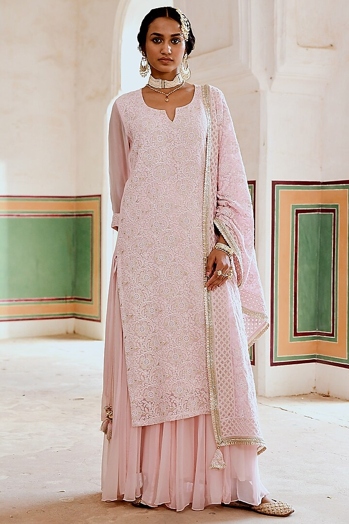 Pink Georgette Chikankari Kurta Set by Karaj Jaipur