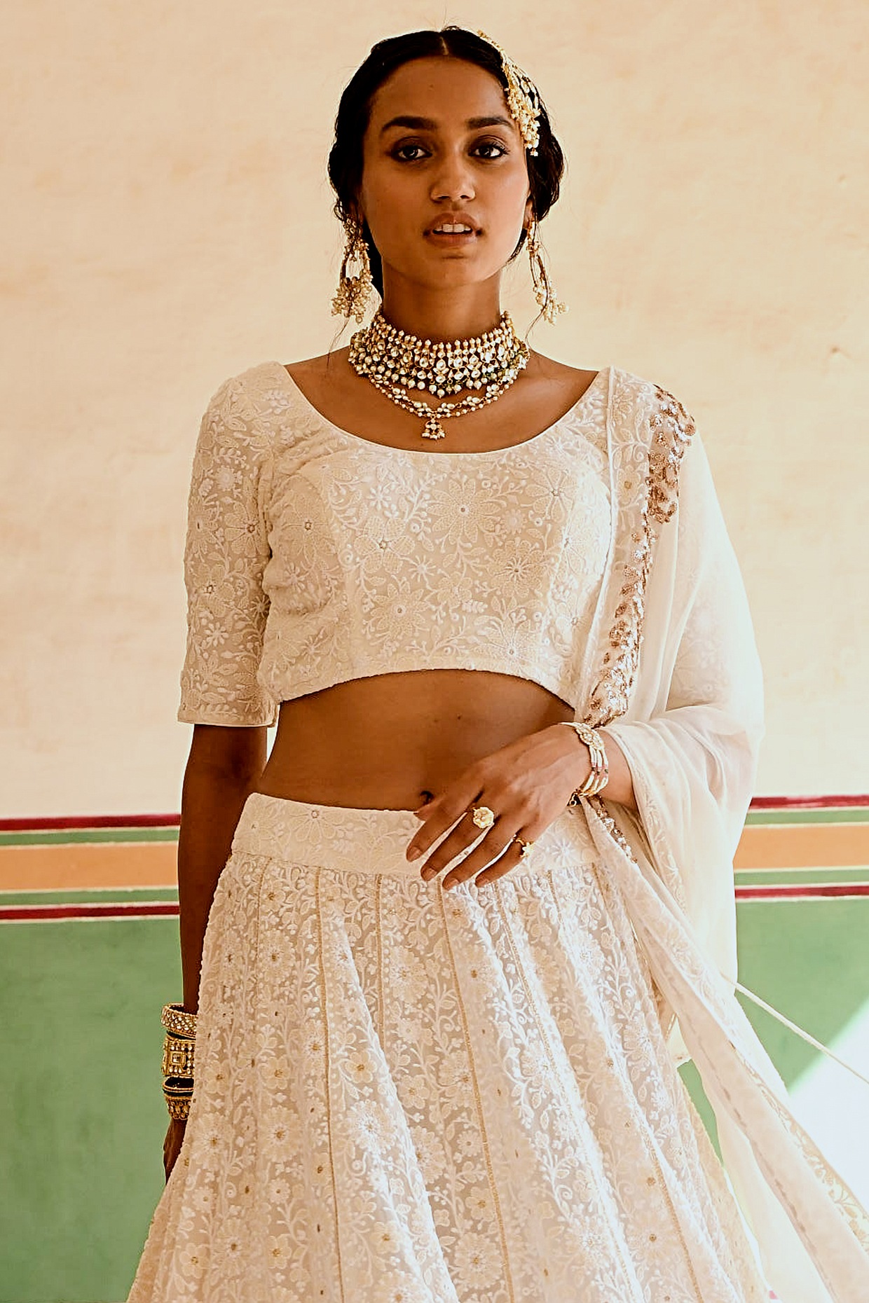 Miheeka Bajaj wore an ivory Anamika Khanna bridal lehenga for her wedding  with Rana Daggubati | VOGUE India