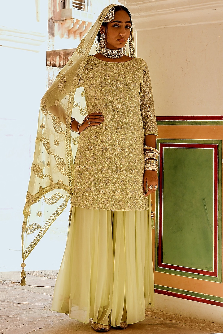 Pista Green Georgette Gharara Set by Karaj Jaipur