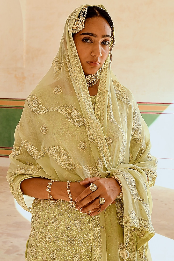 Pista Green Georgette Gharara Set by Karaj Jaipur at Pernia's Pop Up Shop