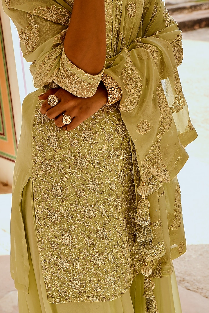 Pista Green Georgette Gharara Set by Karaj Jaipur at Pernia's Pop Up Shop