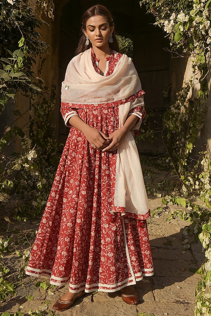 Maroon Cotton Printed Anarkali Set by Karaj Jaipur