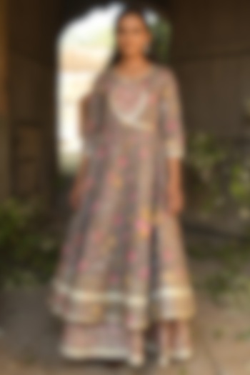 Grey Hand Block Printed Anarkali Dress by Karaj Jaipur