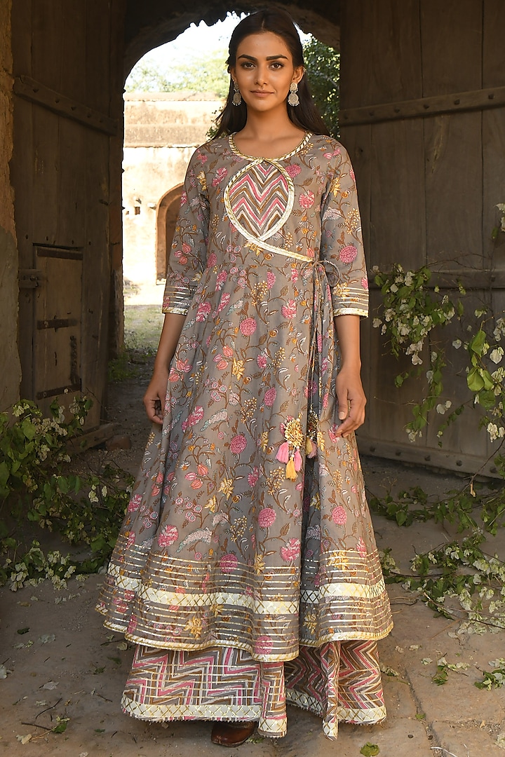 Grey Hand Block Printed Anarkali Dress by Karaj Jaipur