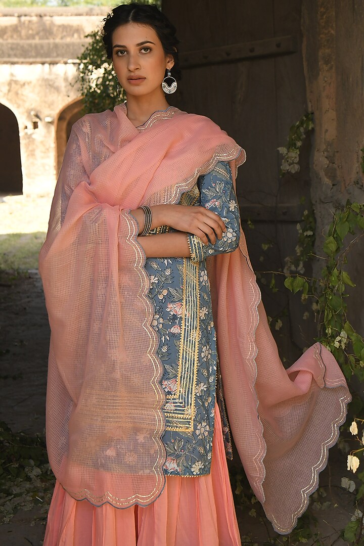 Blue Block Printed Sharara Set by Karaj Jaipur at Pernia's Pop Up Shop