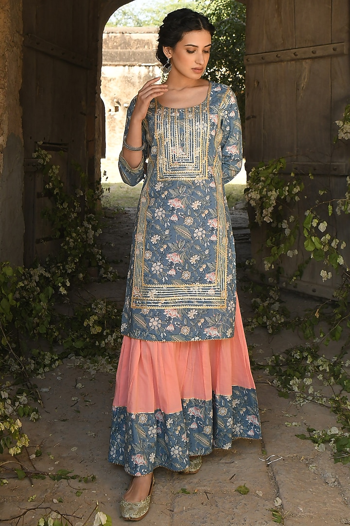 Blue Block Printed Sharara Set by Karaj Jaipur at Pernia's Pop Up Shop