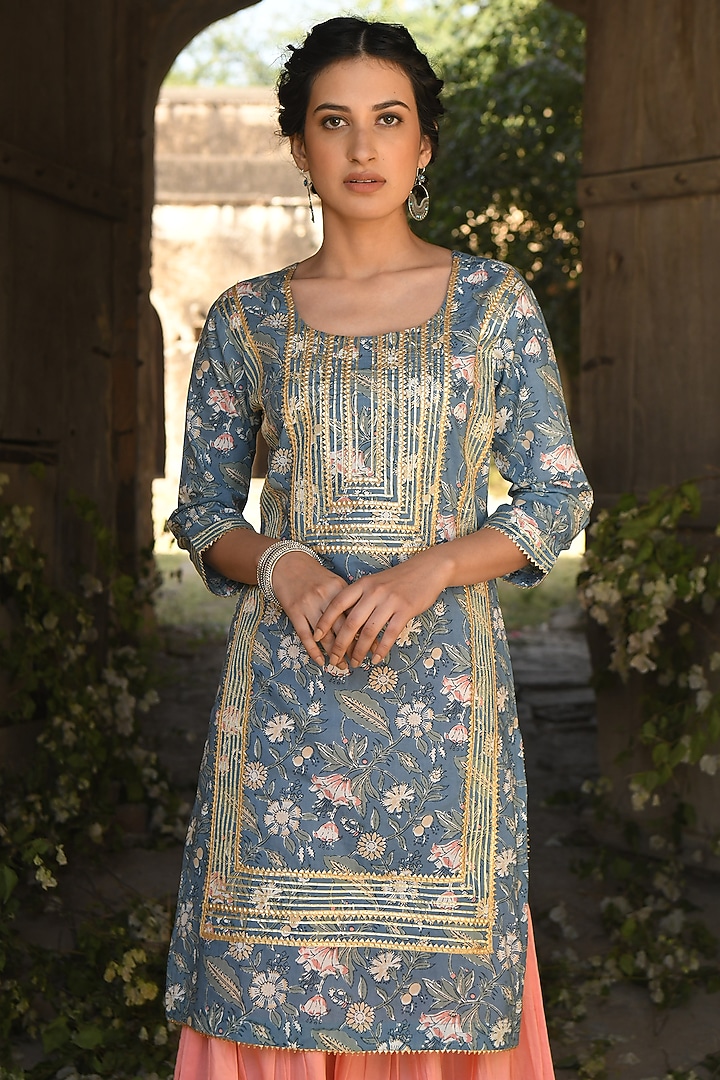 Blue Block Printed Sharara Set by Karaj Jaipur at Pernia's Pop Up Shop