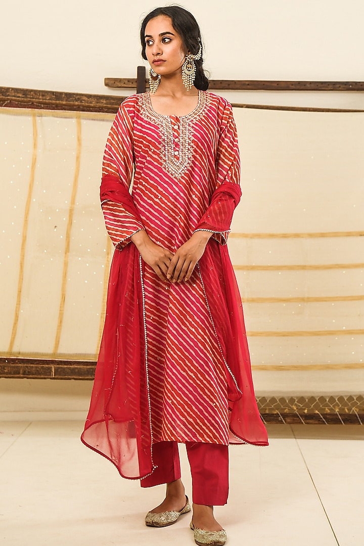 Orange Chanderi Embroidered Kurta Set by Karaj Jaipur