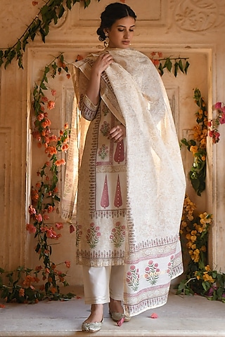 Rose Pink Chanderi Printed Kurta Set by Karaj Jaipur
