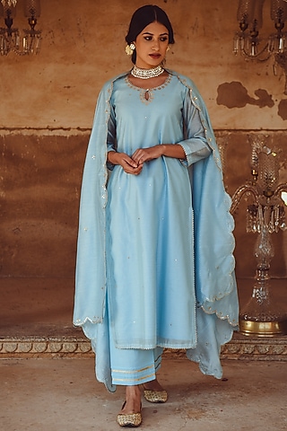 Mint Blue Patti Embroidered Kurta Set by Karaj Jaipur