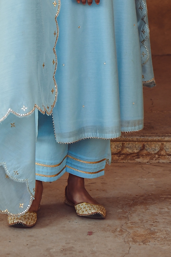 Mint Blue Patti Embroidered Kurta Set by Karaj Jaipur at Pernia's Pop Up Shop