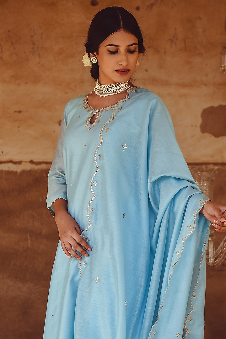 Mint Blue Patti Embroidered Kurta Set by Karaj Jaipur at Pernia's Pop Up Shop
