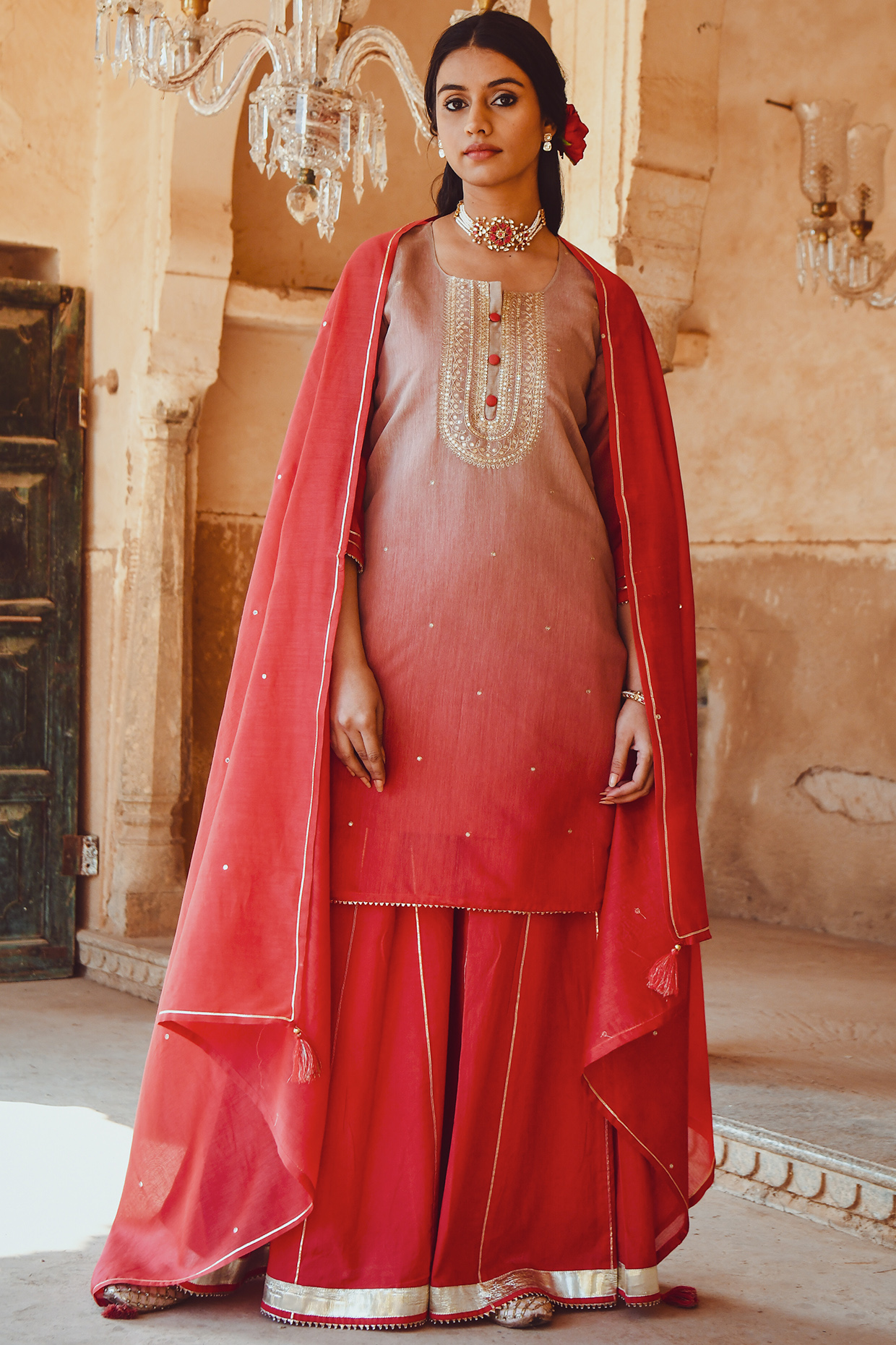 Red Ombre Embroidered Straight Kurta Set by Karaj Jaipur at Pernia's Pop Up Shop