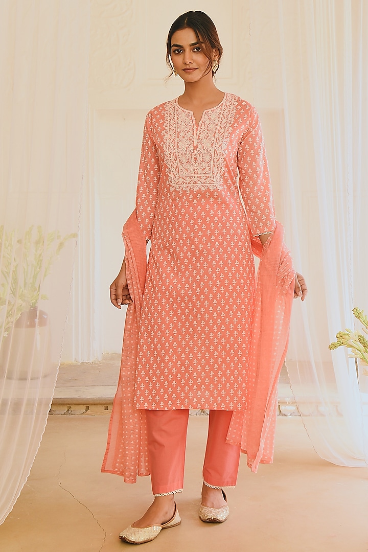 Pink Block Printed & Embroidered Kurta Set by Karaj Jaipur
