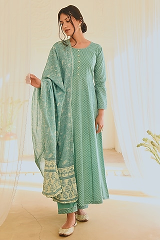 Turquoise Block Printed Anarkali Set by Karaj Jaipur
