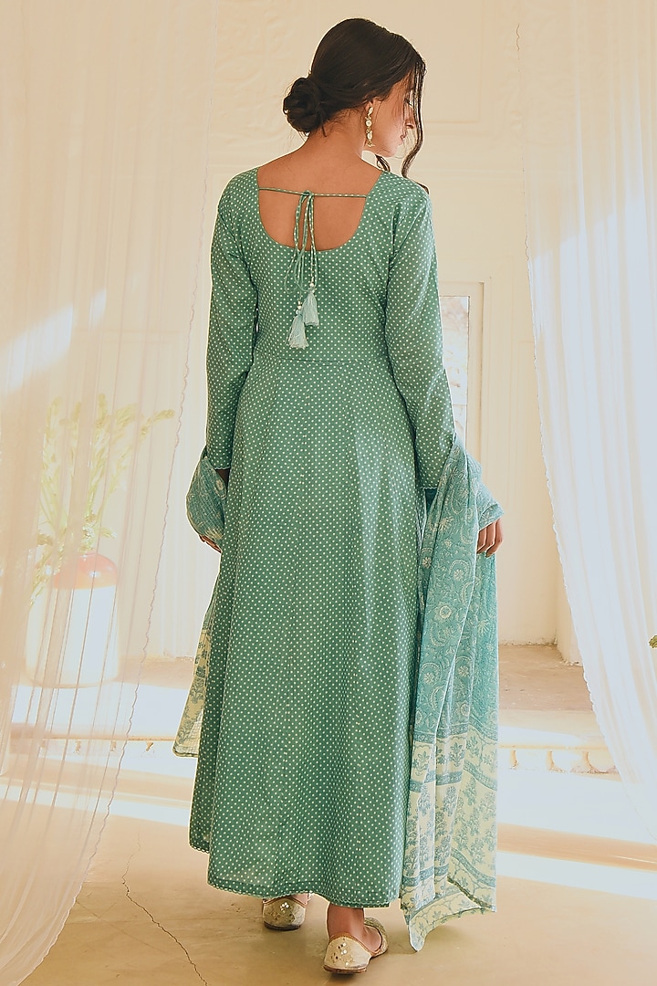 Turquoise Block Printed Anarkali Set by Karaj Jaipur at Pernia's Pop Up Shop