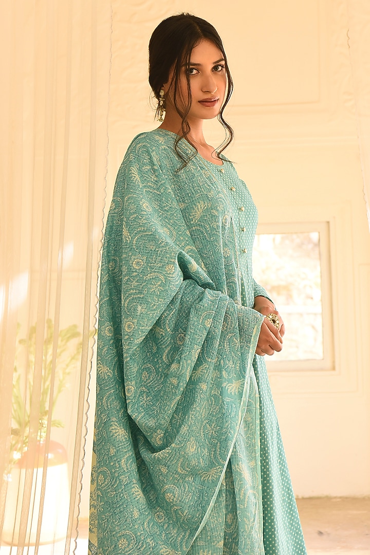 Turquoise Block Printed Anarkali Set by Karaj Jaipur at Pernia's Pop Up Shop